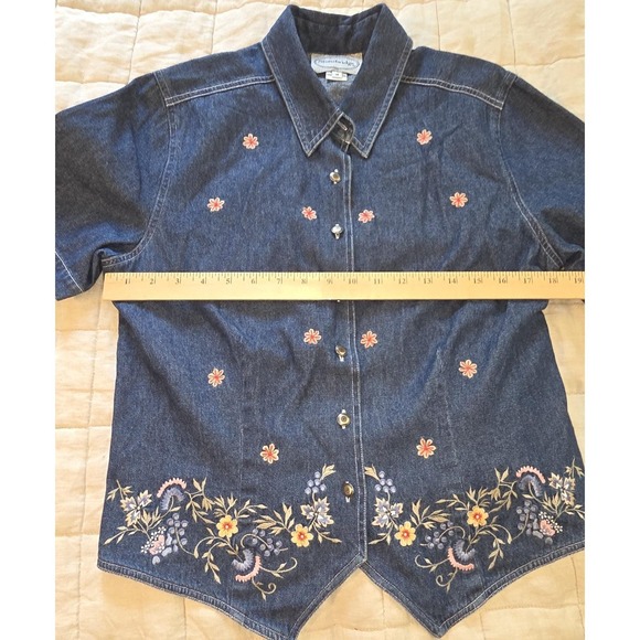 Vintage Stonebridge Denim Button Up Top Shirt Short Sleeve 14 Floral Embroidery - Picture 4 of 9